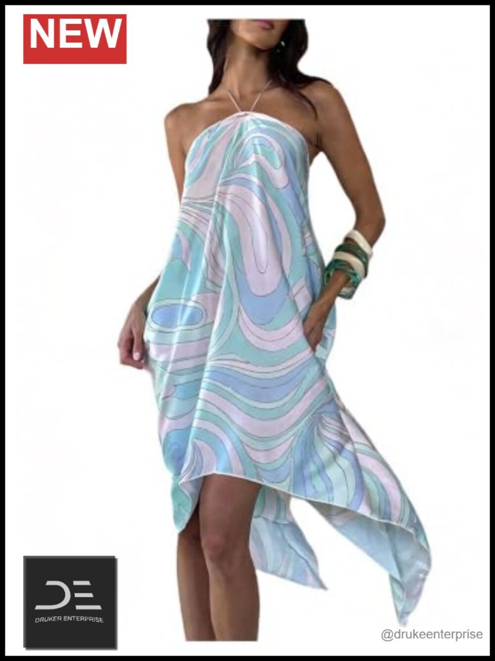 Halter Printed Asymmetrical Hem Flowy Maxi Dress Sleeveless Summer